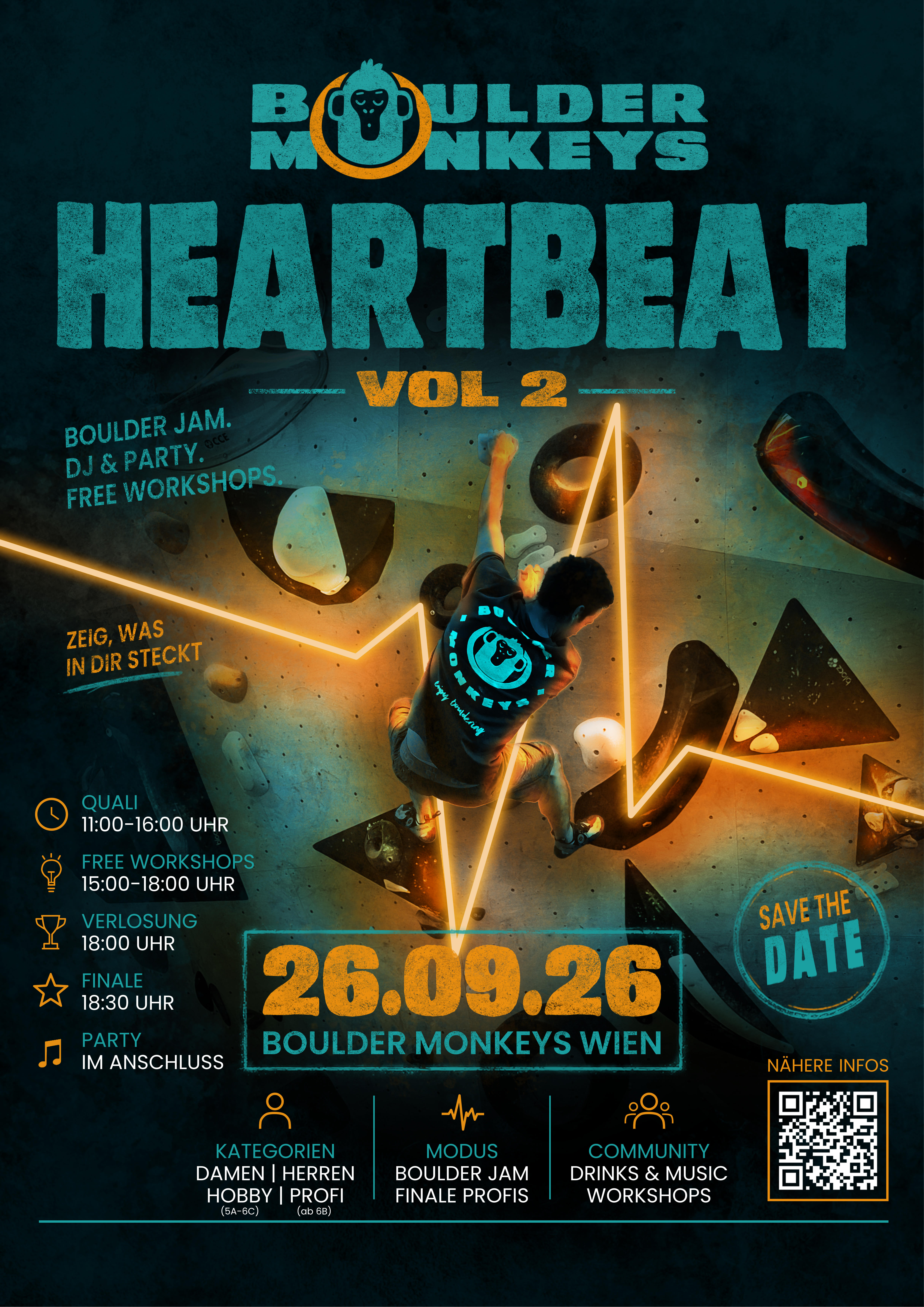 Heartbeat Vol. 2 am 26. September 2026 bei Boulder Monkeys Wien. Boulder Jam, kostenlose Workshops, Finale und Party.